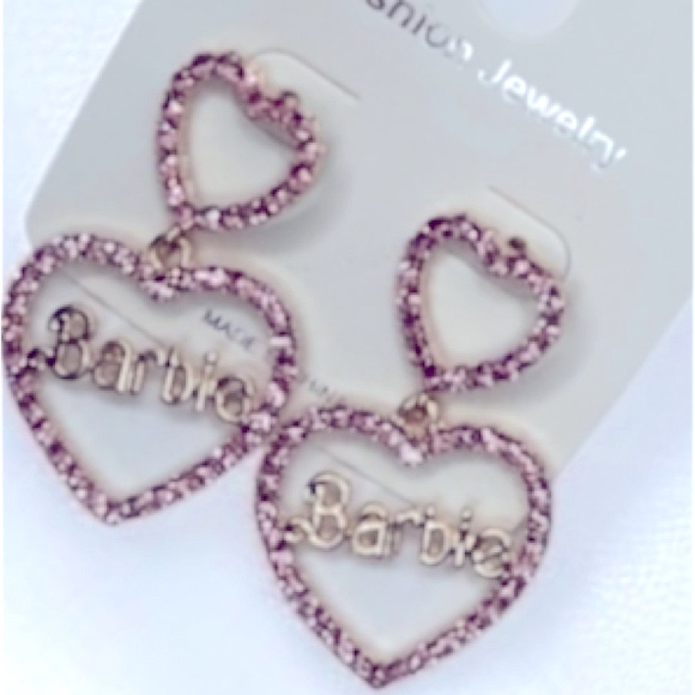 Barbie Crystal Double Heart Rhinestone Drop Earrings*Light PINK Gold tone NEW